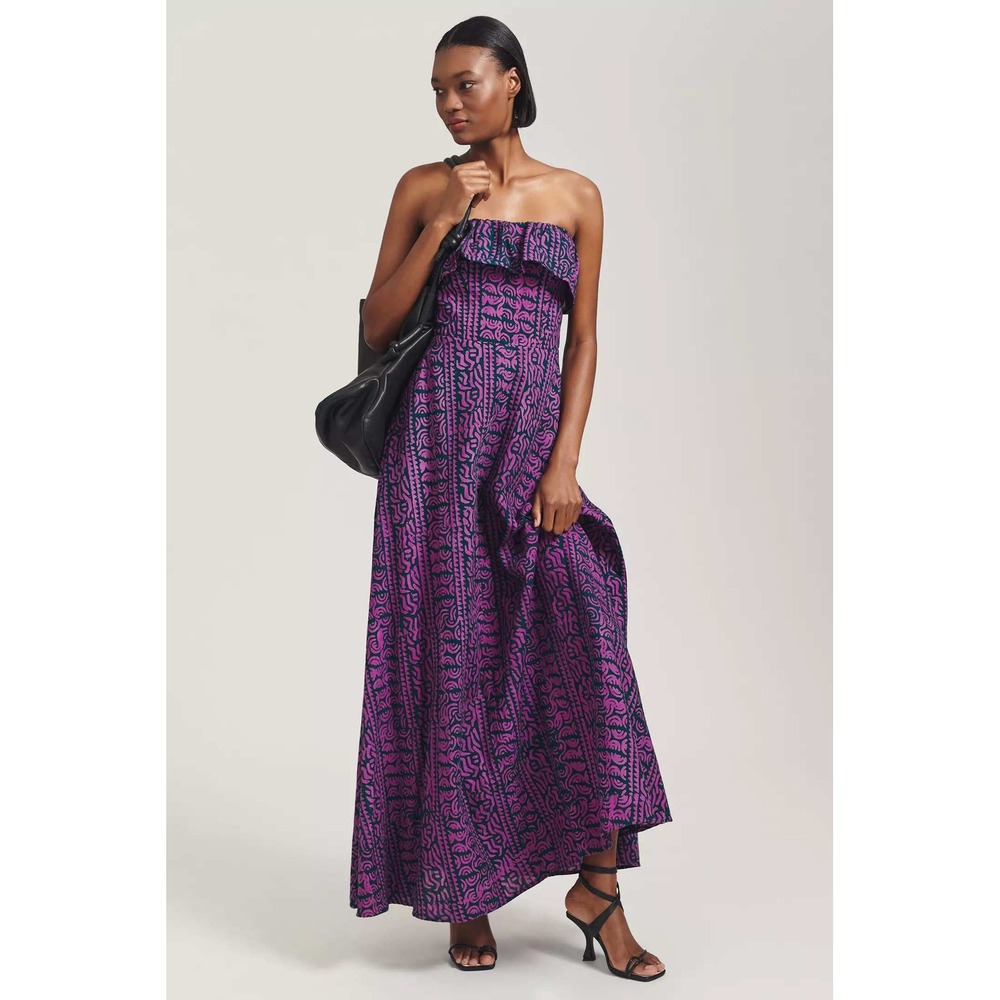 Kahindo by Anthropologie Strapless Ruffled Maxi Dress Purple Pink Navy Size M